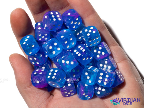 Nebula Aura Luminary (36) D6 Block Set | Translucent Blue, Purple, Pink Swirls, White Ink | Acrylic D6 Set (36) | Chessex