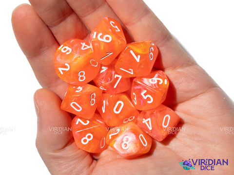 Festive Dahlia Luminary (10) D10 Set | Neon Orange-Pink, Yellow Swirls, White Ink | Acrylic D10 Set (10) | Chessex