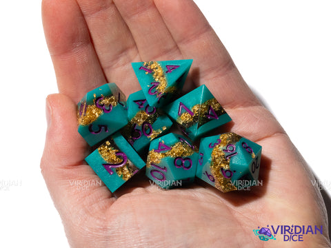 Smuggler's Cove | Teal, Foil Gold, Layered, Sharp Edged | Resin Polyhedral Dice (7)