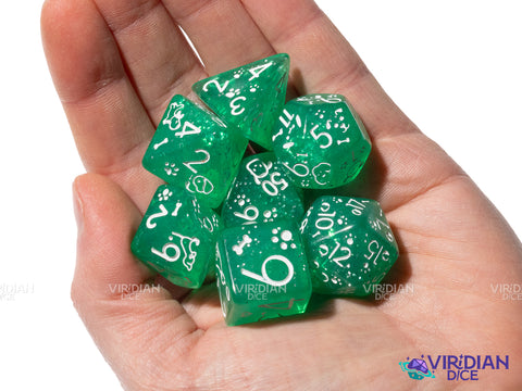 Cute Dogs: Lucky Green | Verde & White | Resin Polyhedral Dice (7)