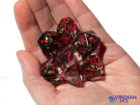 It's High Noon | Clear with Western-Themed Faux Bullet Charm Inside, Black Swirls | Resin Dice Set (7)