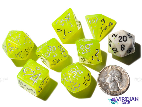 Cute Dogs: Radioactive | Lemon & Silver | Resin Polyhedral Dice (7)