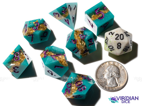 Smuggler's Cove | Teal, Foil Gold, Layered, Sharp Edged | Resin Polyhedral Dice (7)