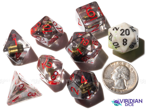 It's High Noon | Clear with Western-Themed Faux Bullet Charm Inside, Black Swirls | Resin Dice Set (7)
