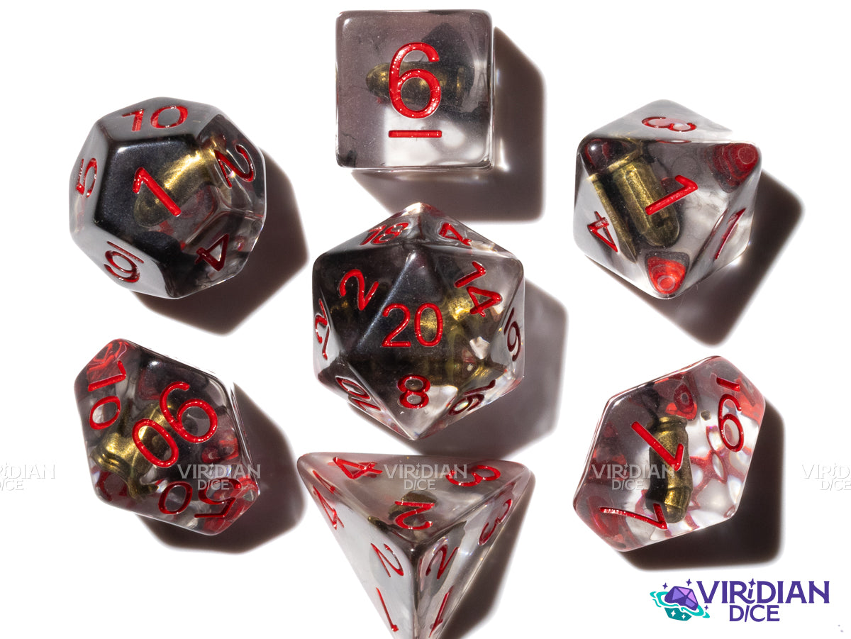 It's High Noon | Clear with Western-Themed Faux Bullet Charm Inside, Black Swirls | Resin Dice Set (7)