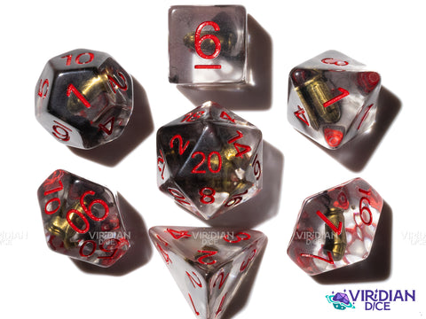 It's High Noon | Clear with Western-Themed Faux Bullet Charm Inside, Black Swirls | Resin Dice Set (7)
