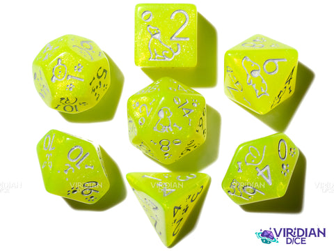 Cute Dogs: Radioactive | Lemon & Silver | Resin Polyhedral Dice (7)