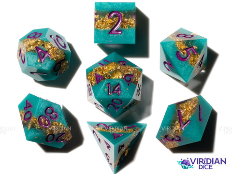 Smuggler's Cove | Teal, Foil Gold, Layered, Sharp Edged | Resin Polyhedral Dice (7)