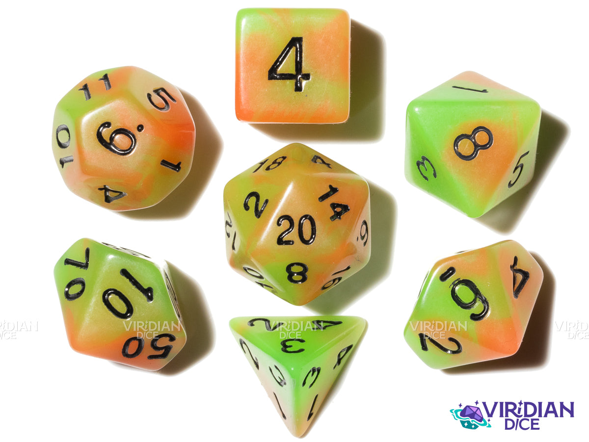 Bonfire (Glow In The Dark) | Orange & Red Swirls | Acrylic Dice Set (7)