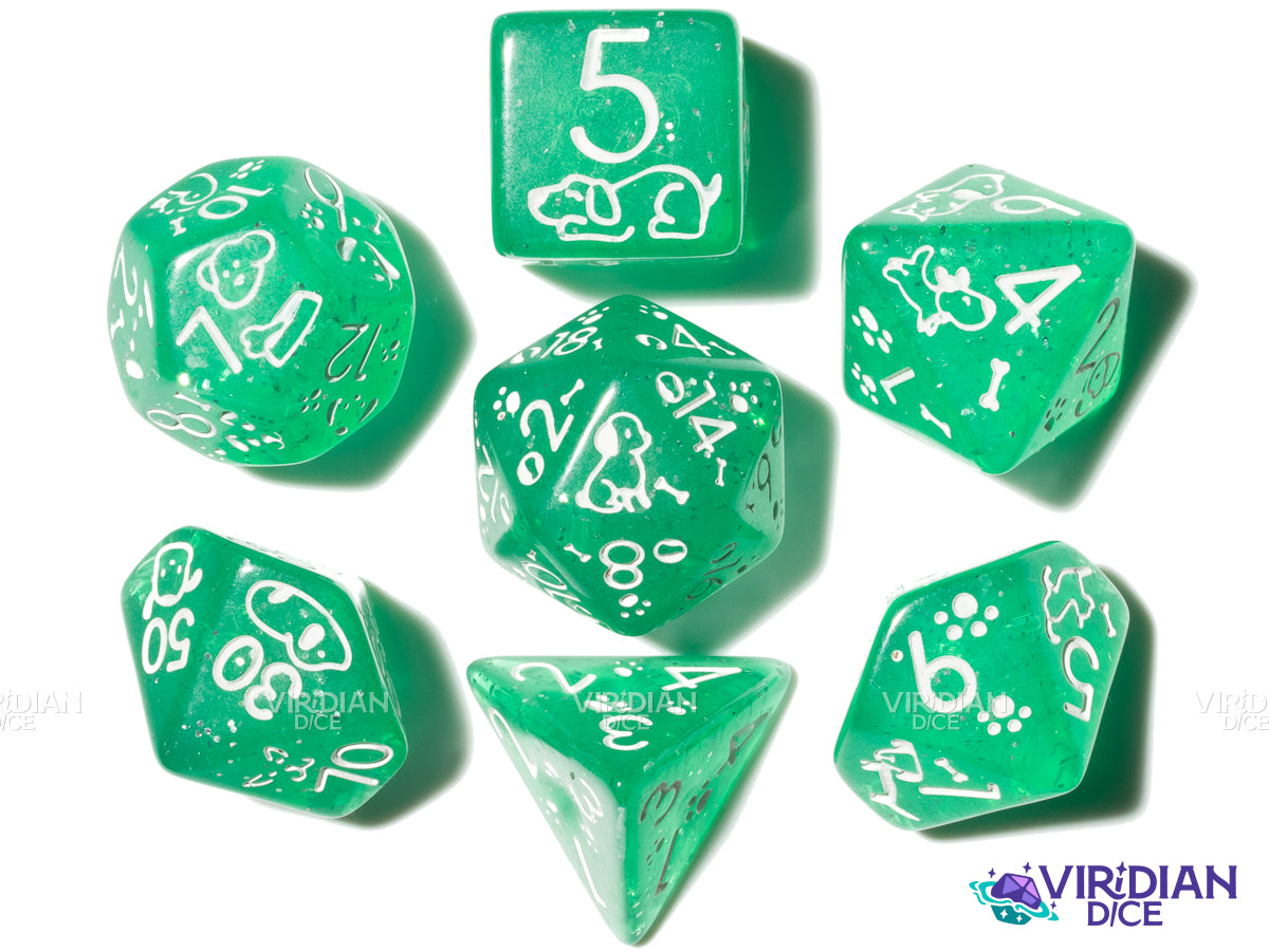 Cute Dogs: Lucky Green | Verde & White | Resin Polyhedral Dice (7)