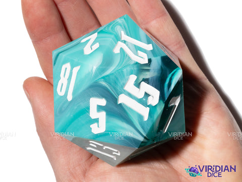 Turquoise Behemoth (D20) | Blue, Turquoise, White, Swirled, 55mm, Sharp-Edge Giant Acrylic D20 Die (1)