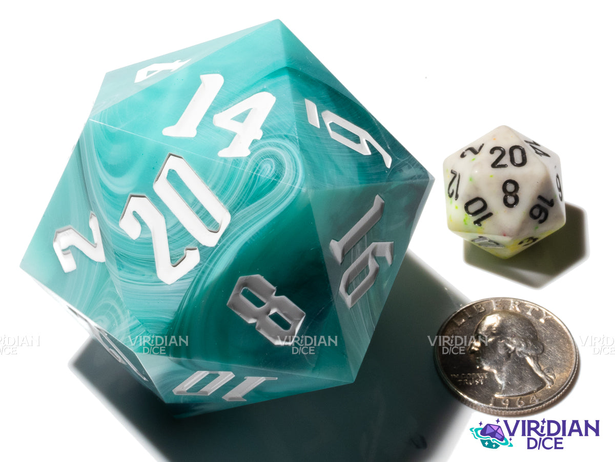 Turquoise Behemoth (D20) | Blue, Turquoise, White, Swirled, 55mm, Sharp-Edge Giant Acrylic D20 Die (1)