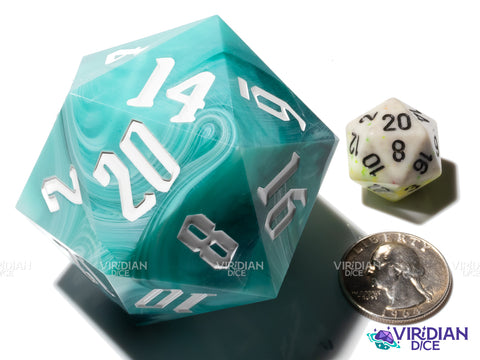 Turquoise Behemoth (D20) | Blue, Turquoise, White, Swirled, 55mm, Sharp-Edge Giant Acrylic D20 Die (1)