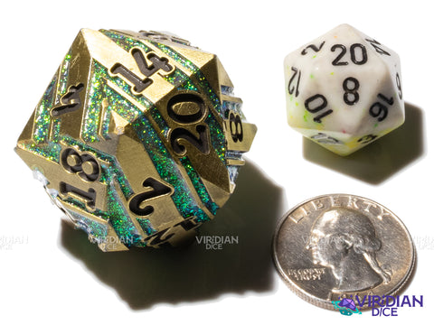 Vigor Dance (D20) | Gold & Green Striped, Mica Glitter, Metal | Giant D20 Die (1)