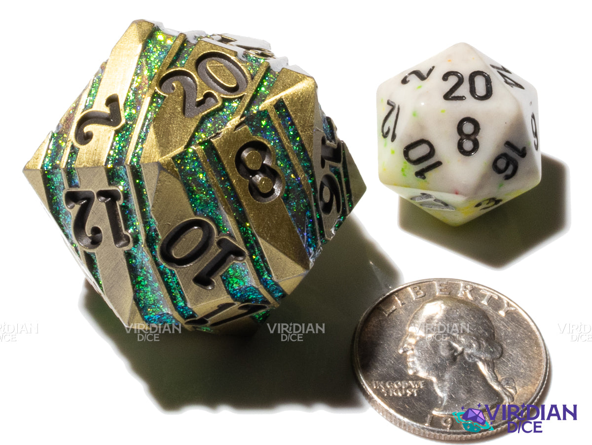 Vigor Dance (D20) | Gold & Green Striped, Mica Glitter, Metal | Giant D20 Die (1)