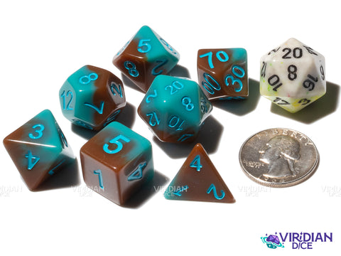 Dripping Sky | Brown to Teal Blue Gradient Layers, Sky Blue Ink | Resin Polyhedral Dice (7)