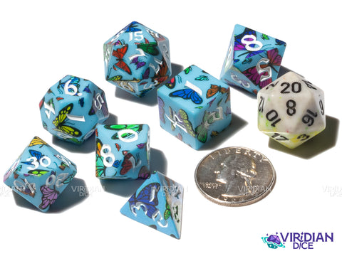 Full Art Dice Set™: Butterfly | Sky Blue, Butterflies, Monarches, Wings, Flying | Acrylic Polyhedral Dice (7)