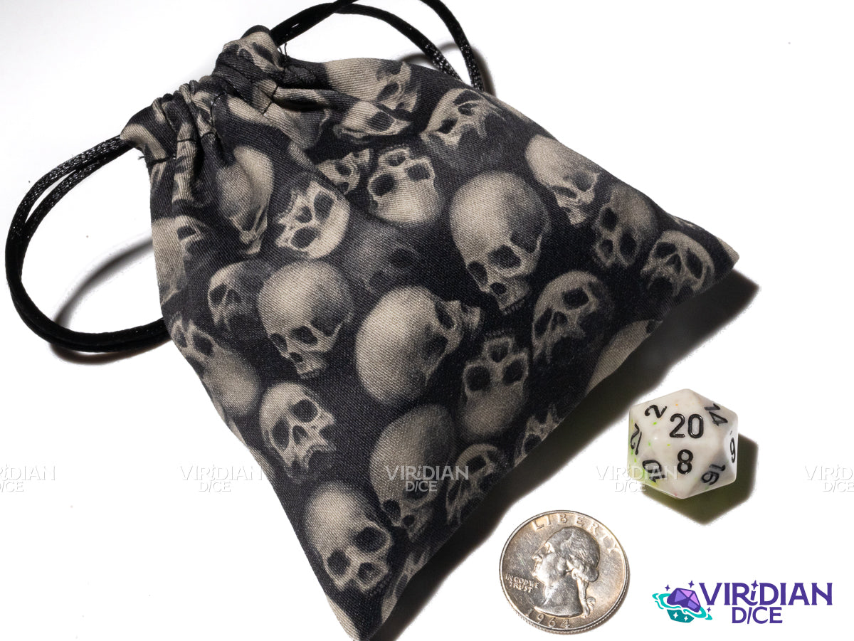 All Over Skulls Dice Bag | Black & White Cotton Dice Bag | Q Workshop