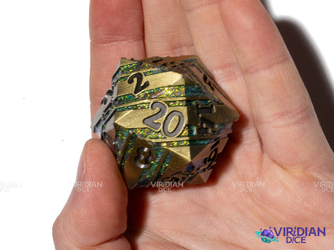 Vigor Dance (D20) | Gold & Green Striped, Mica Glitter, Metal | Giant D20 Die (1)