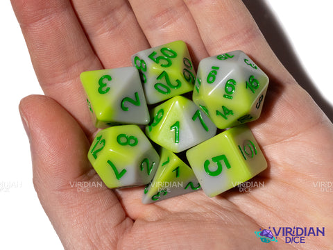 Sappling | Green and Gray Layered Gradient, Green Ink | Resin Polyhedral Dice (7)