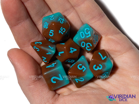 Dripping Sky | Brown to Teal Blue Gradient Layers, Sky Blue Ink | Resin Polyhedral Dice (7)