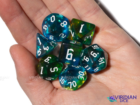 Babble Brook | Blue, Green & Yellow Translucent | Acrylic Polyhedral Dice (7)