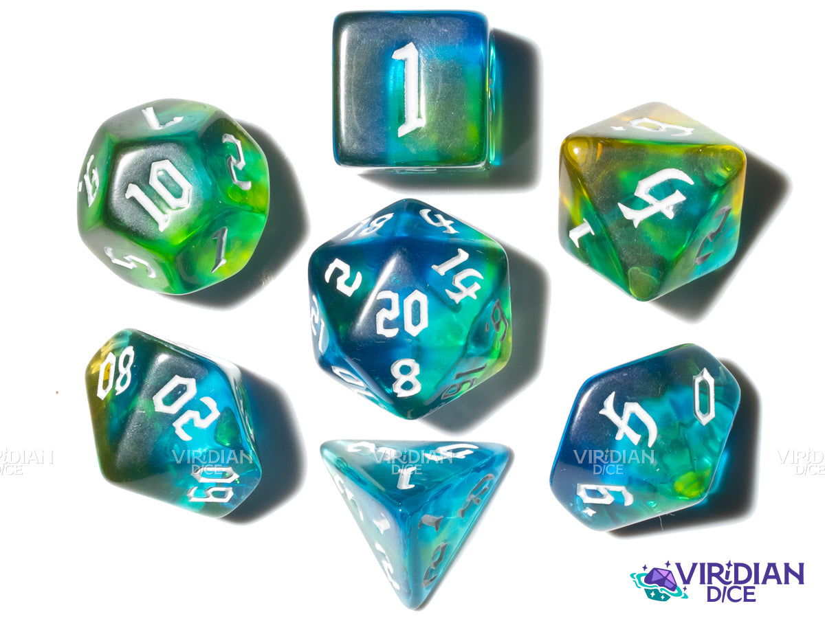Babble Brook | Blue, Green & Yellow Translucent | Acrylic Polyhedral Dice (7)