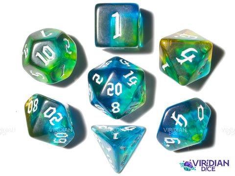 Babble Brook | Blue, Green & Yellow Translucent | Acrylic Polyhedral Dice (7)