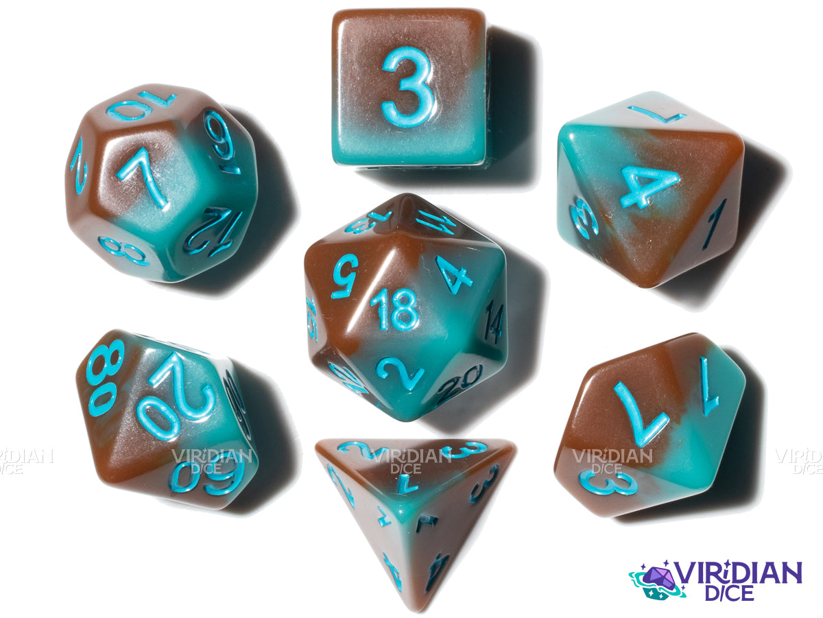 Dripping Sky | Brown to Teal Blue Gradient Layers, Sky Blue Ink | Resin Polyhedral Dice (7)