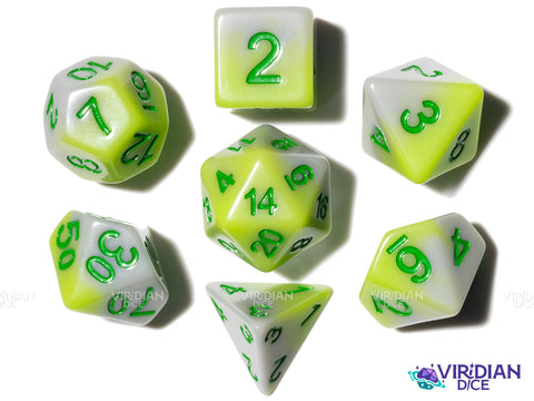 Sappling | Green and Gray Layered Gradient, Green Ink | Resin Polyhedral Dice (7)