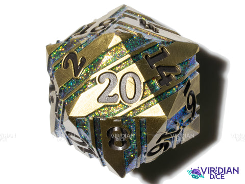 Vigor Dance (D20) | Gold & Green Striped, Mica Glitter, Metal | Giant D20 Die (1)