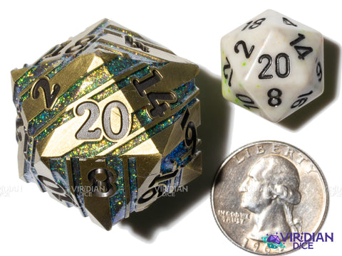 Vigor Dance (D20) | Gold & Green Striped, Mica Glitter, Metal | Giant D20 Die (1)