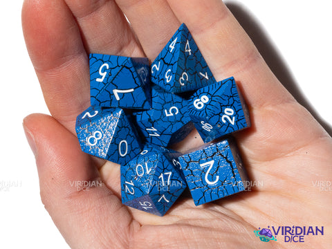 Blue Cracked | Lightning Pattern, Black, White Ink | Metal Polyhedral Dice (7)