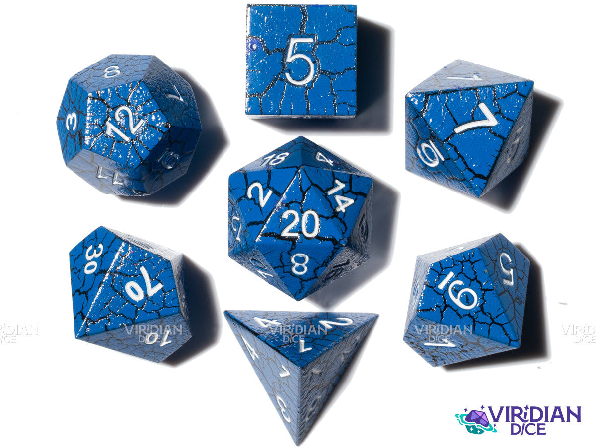 Blue Cracked | Lightning Pattern, Black, White Ink | Metal Polyhedral Dice (7)