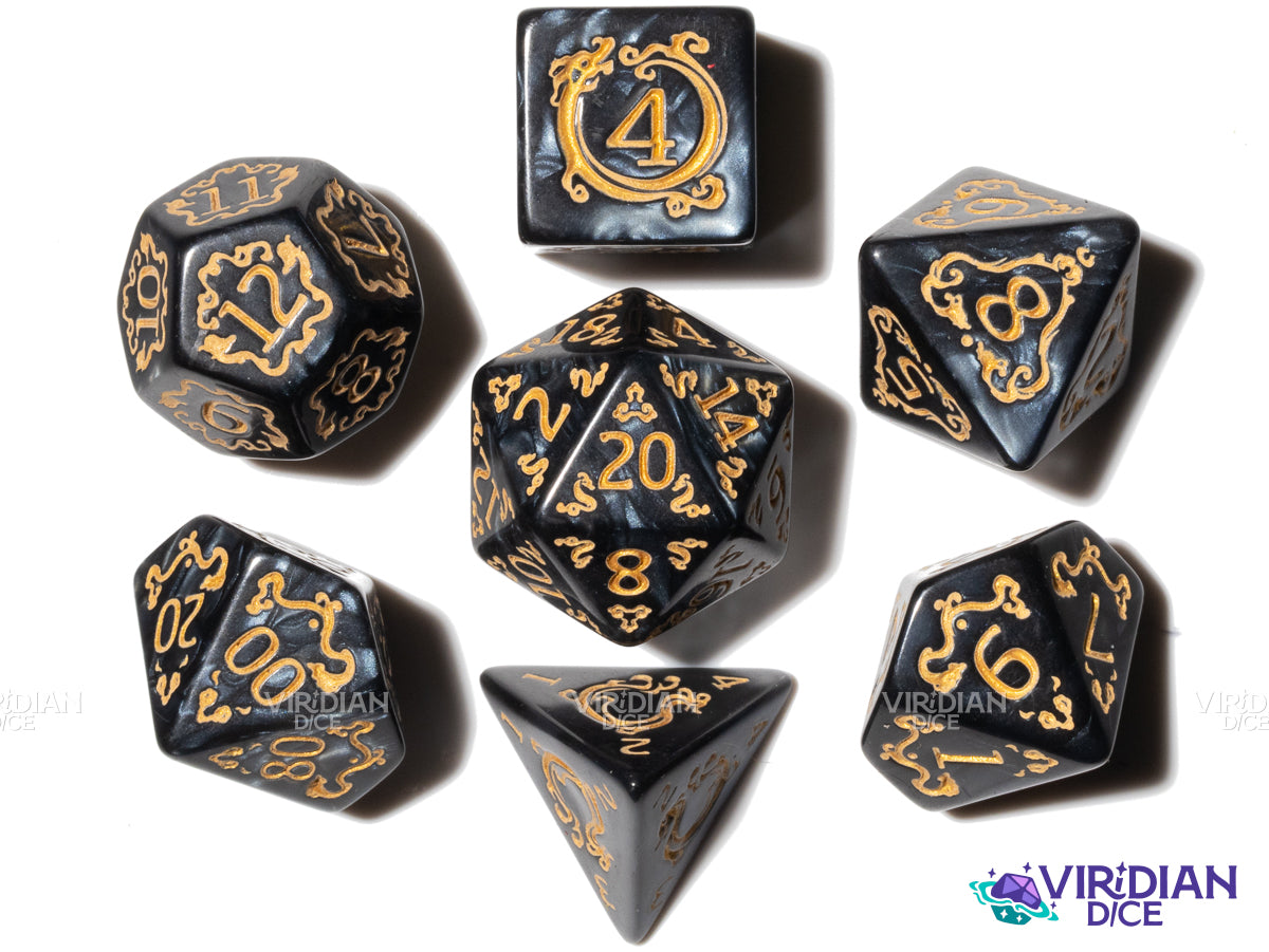 Chinese Dragon (Black) | Acrylic Polyhedral Dice (7)