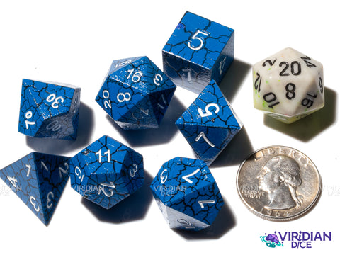 Blue Cracked | Lightning Pattern, Black, White Ink | Metal Polyhedral Dice (7)