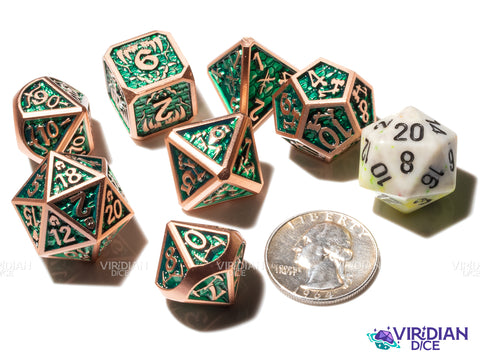 Monster Slayer (Green & Gold) | Hunter's Mark, Bow, Sword, Axe, Monster Teeth | Metal Polyhedral Dice (7)