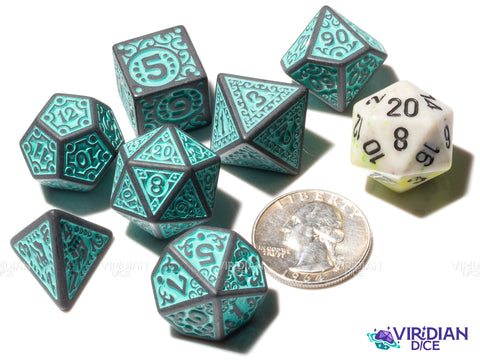 Teal Flame V2 | Matte Dark Grey and Turquoise Ornate Design | Acrylic Dice Set (7)