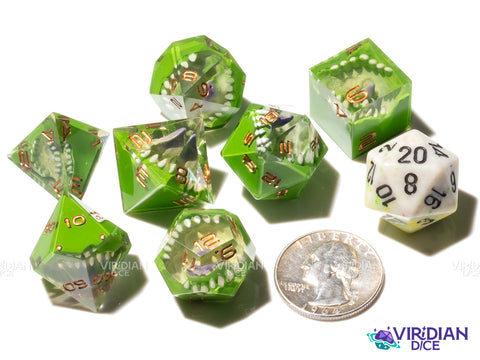 The Forest Is Alive (Space Horror) | Green & Tan, Sharp-Edged, Tongue, Mimic Teeth/Mouth | Resin Dice Set (7)