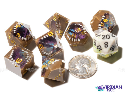 Mars Colony (Space Horror) | Brown, Purple & Blue, Sharp-Edged, Tongue, Mimic Teeth/Mouth | Resin Dice Set (7)