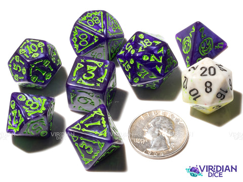 Blue Spooky Scary | Green Ink, Dark Blue Pearl | Acrylic Polyhedral Dice (7)