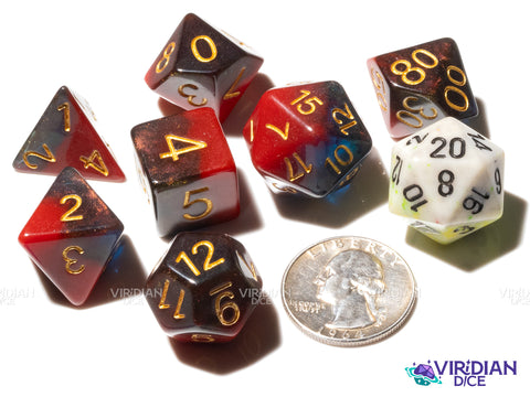 Vampiric Touch | Red, Maroon & Blue, Glitter, Layered, Gold Ink | Acrylic Polyhedral Dice (7)