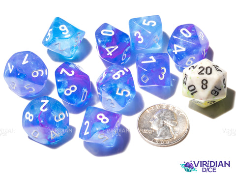 Nebula Aura Luminary (10) D10 Set | Translucent Blue, Purple, Pink Swirls, White Ink | Acrylic D10 Set (10) | Chessex