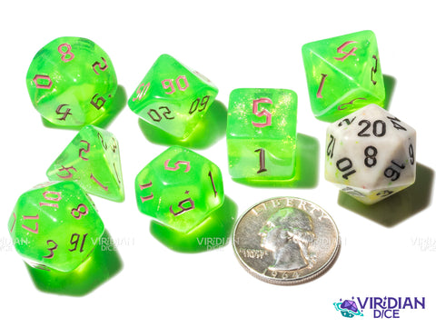 Radioactive | Green and Purple with Glitter Gothic Font Acrylic Dice Set (7) | Dungeons and Dragons (DnD)