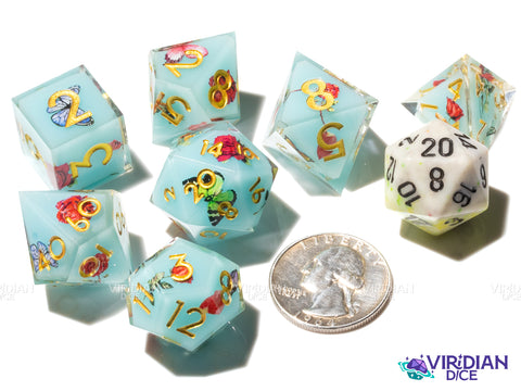 Summer Gardens (B-Grade) | Sky Blue, Flowers, Butterflies | Sharp Resin Polyhedral Dice (7)