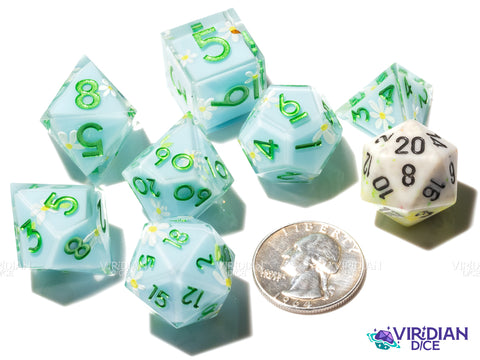 Sunny Field | Sky Blue, White & Yellow Flowers | Resin Polyhedral Dice (7)