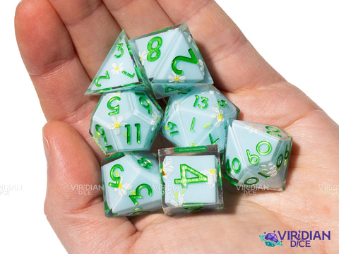 Sunny Field | Sky Blue, White & Yellow Flowers | Resin Polyhedral Dice (7)