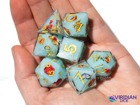 Summer Gardens (B-Grade) | Sky Blue, Flowers, Butterflies | Sharp Resin Polyhedral Dice (7)