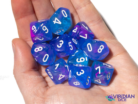 Nebula Aura Luminary (10) D10 Set | Translucent Blue, Purple, Pink Swirls, White Ink | Acrylic D10 Set (10) | Chessex