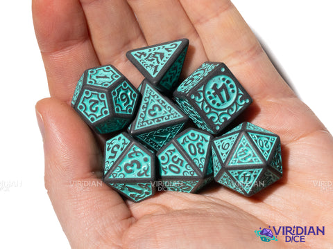 Teal Flame V2 | Matte Dark Grey and Turquoise Ornate Design | Acrylic Dice Set (7)